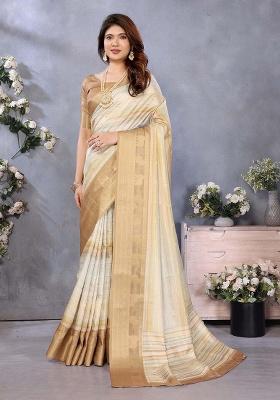 Cream Printed Silk Saree Set