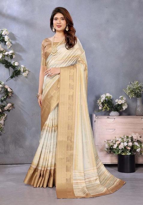 Cream Printed Silk Saree Set