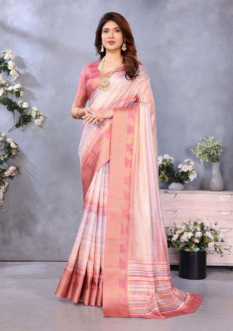Light Pink Printed Silk Blend Saree Set for Diwali and Festive Wear - Indya