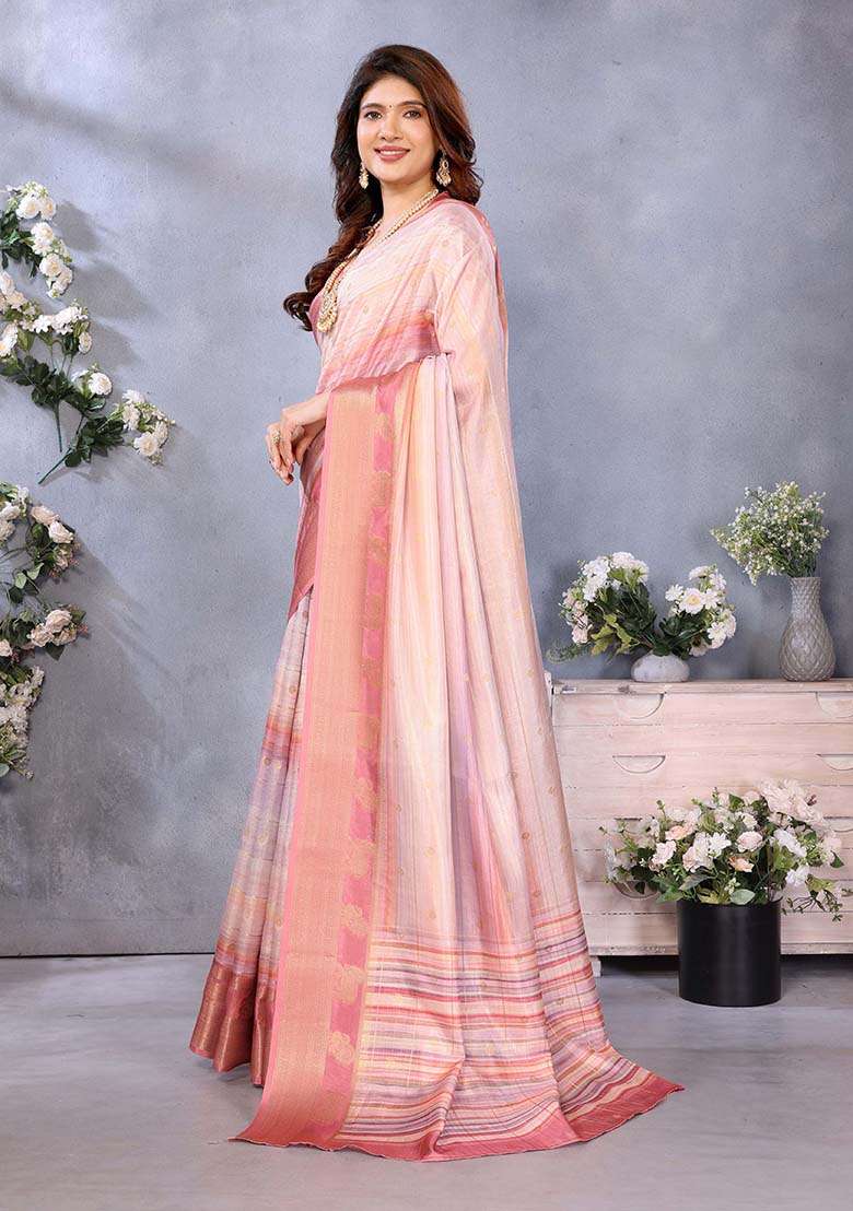 Light Pink Printed Silk Blend Saree Set for Diwali and Festive Wear - Indya