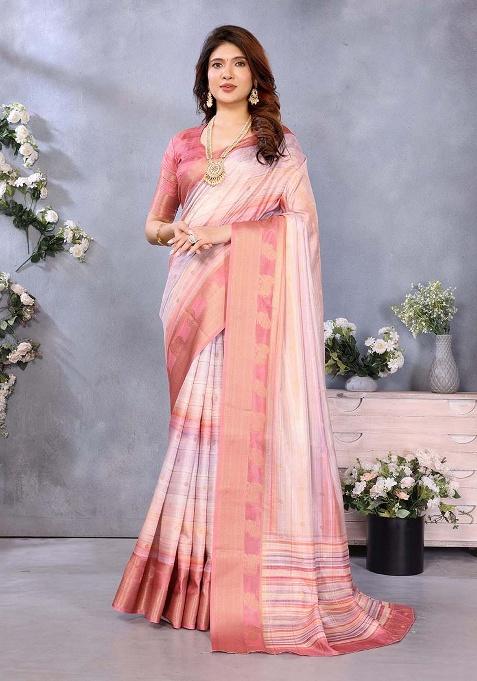 Light Pink Printed Silk Saree Set