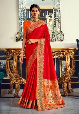 Red Woven Silk Saree Set
