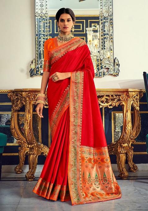Red Woven Silk Saree Set