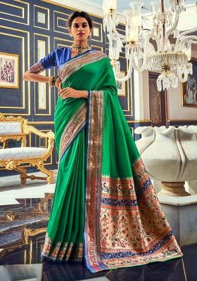Dark Green Woven Silk Saree Set