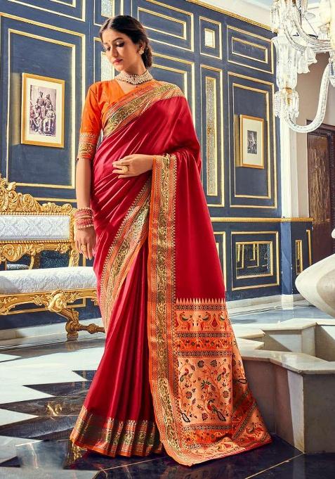 Maroon Woven Silk Saree Set