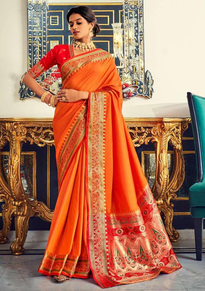 Orange Woven Silk Blend Saree Set - Indya