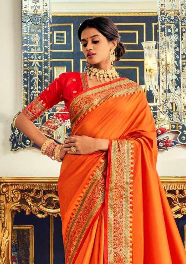 Orange Woven Silk Blend Saree Set - Indya