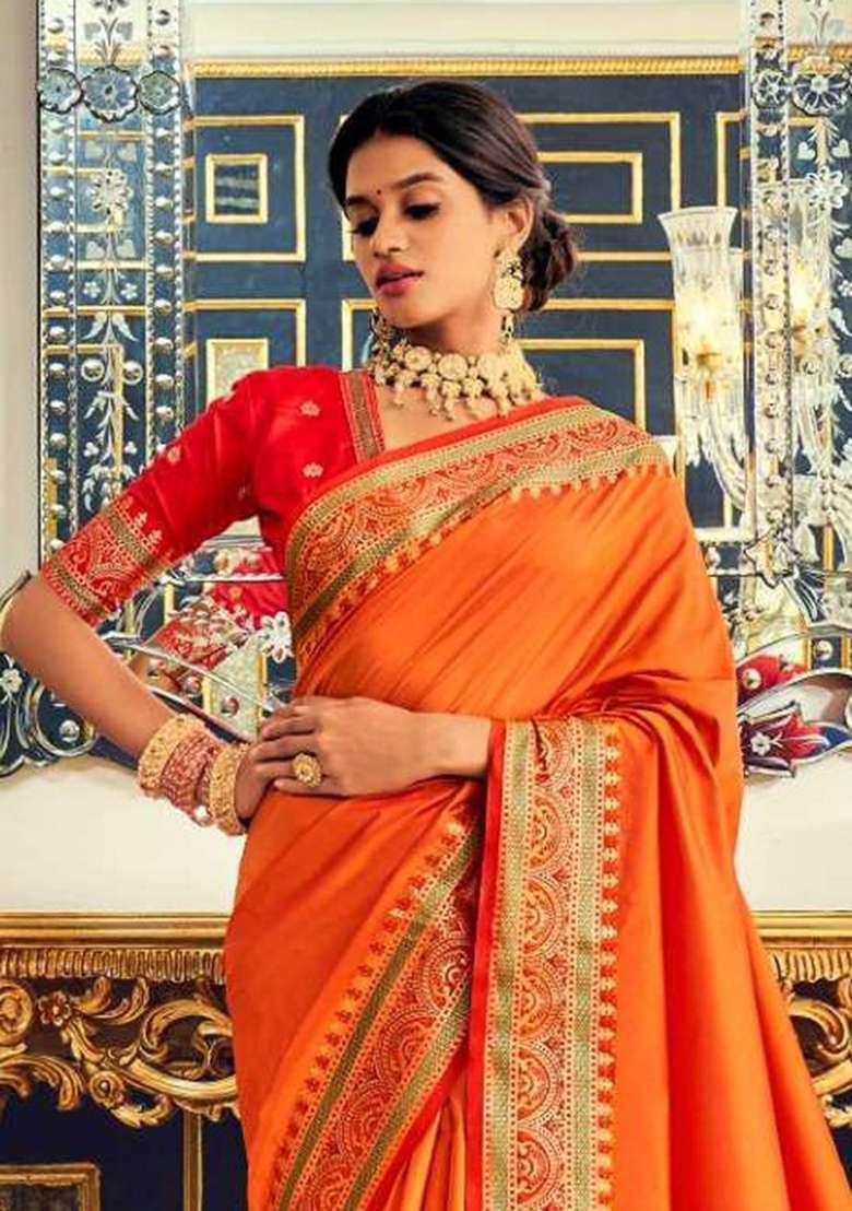 Orange Woven Silk Blend Saree Set - Indya