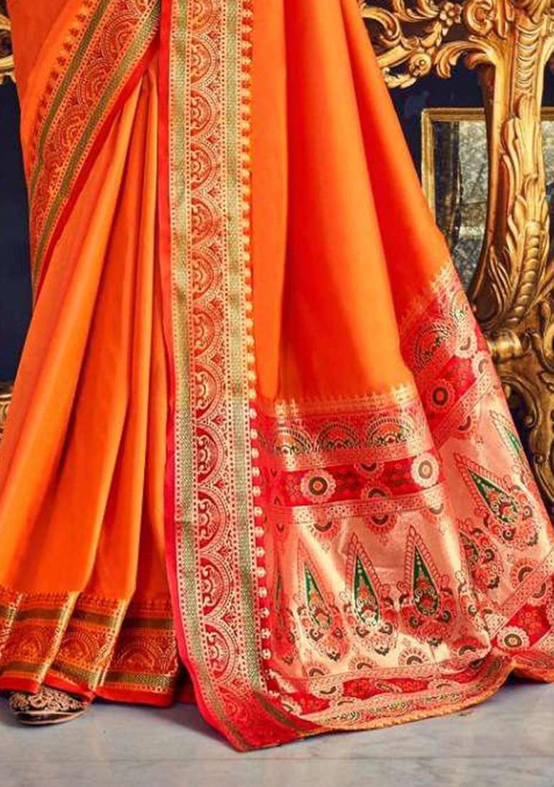 Orange Woven Silk Blend Saree Set - Indya