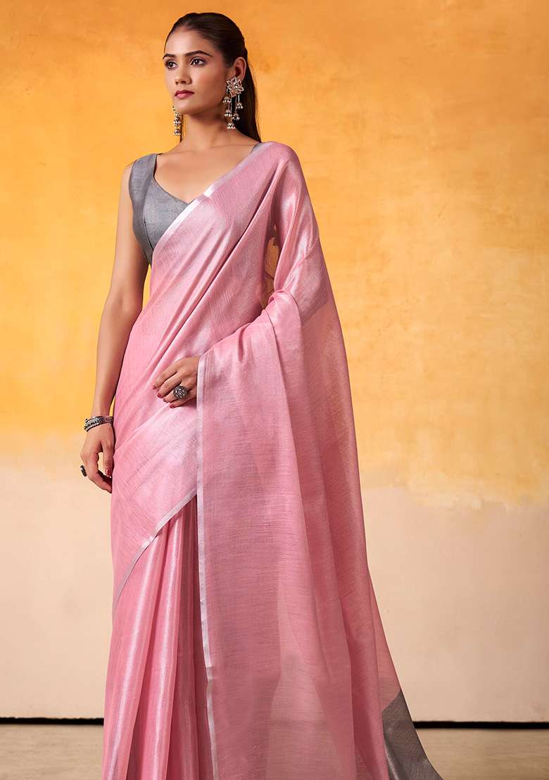 Pink Solid Silk Blend Saree Set - Indya