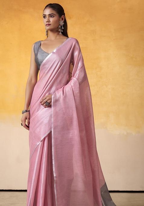 Pink Solid Silk Saree Set
