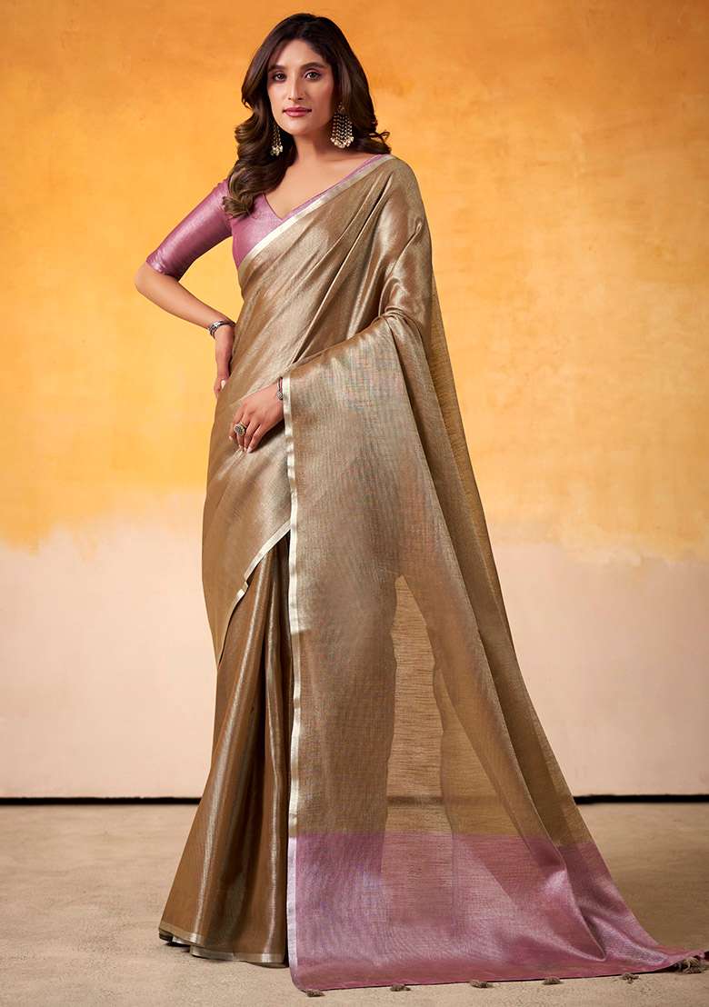 Brown Solid Silk Blend Saree Set - Indya