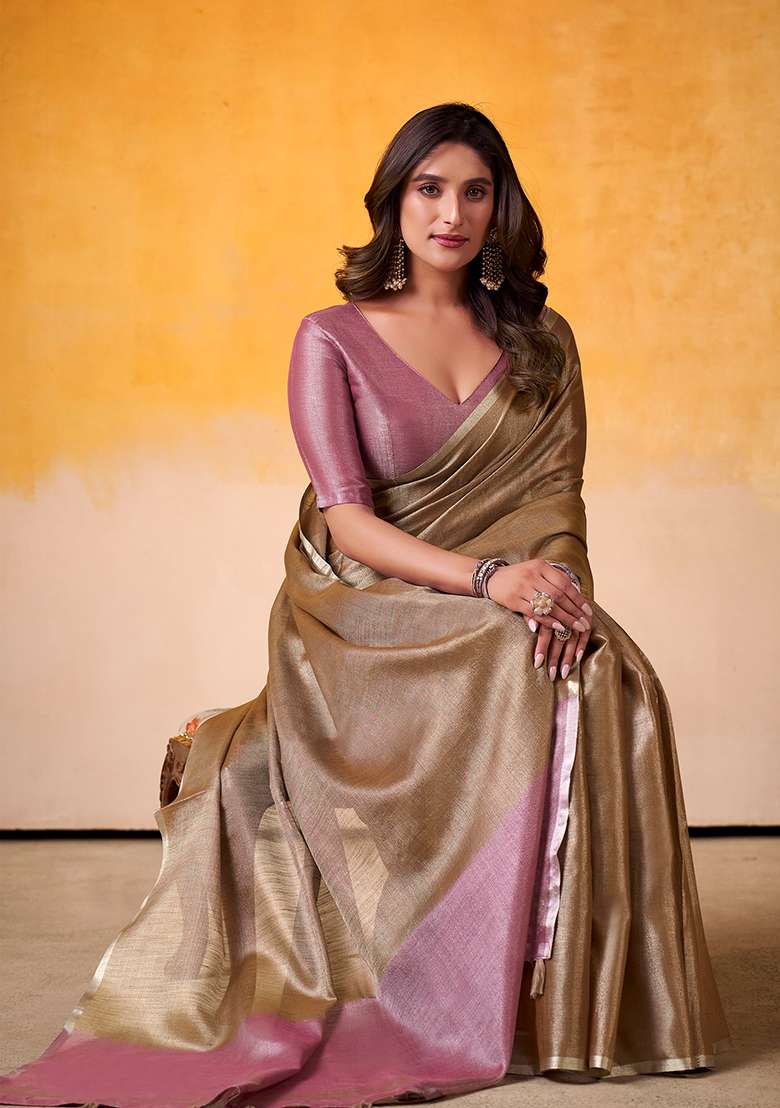 Brown Solid Silk Blend Saree Set - Indya
