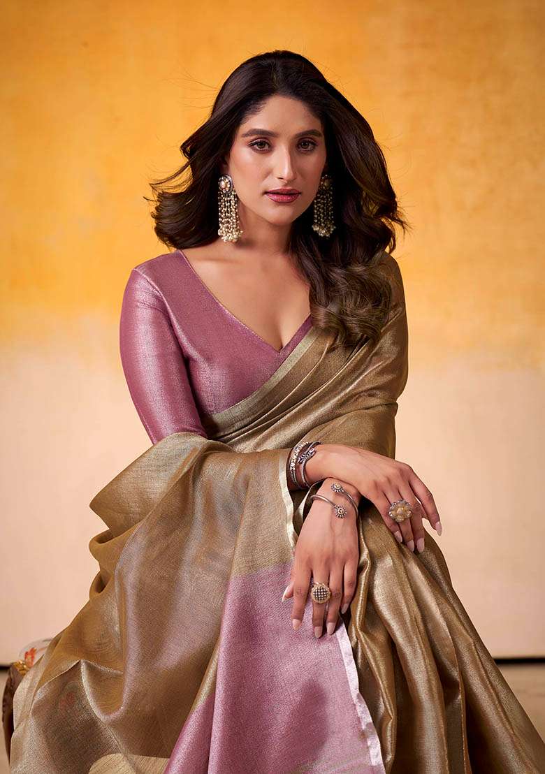 Brown Solid Silk Blend Saree Set - Indya
