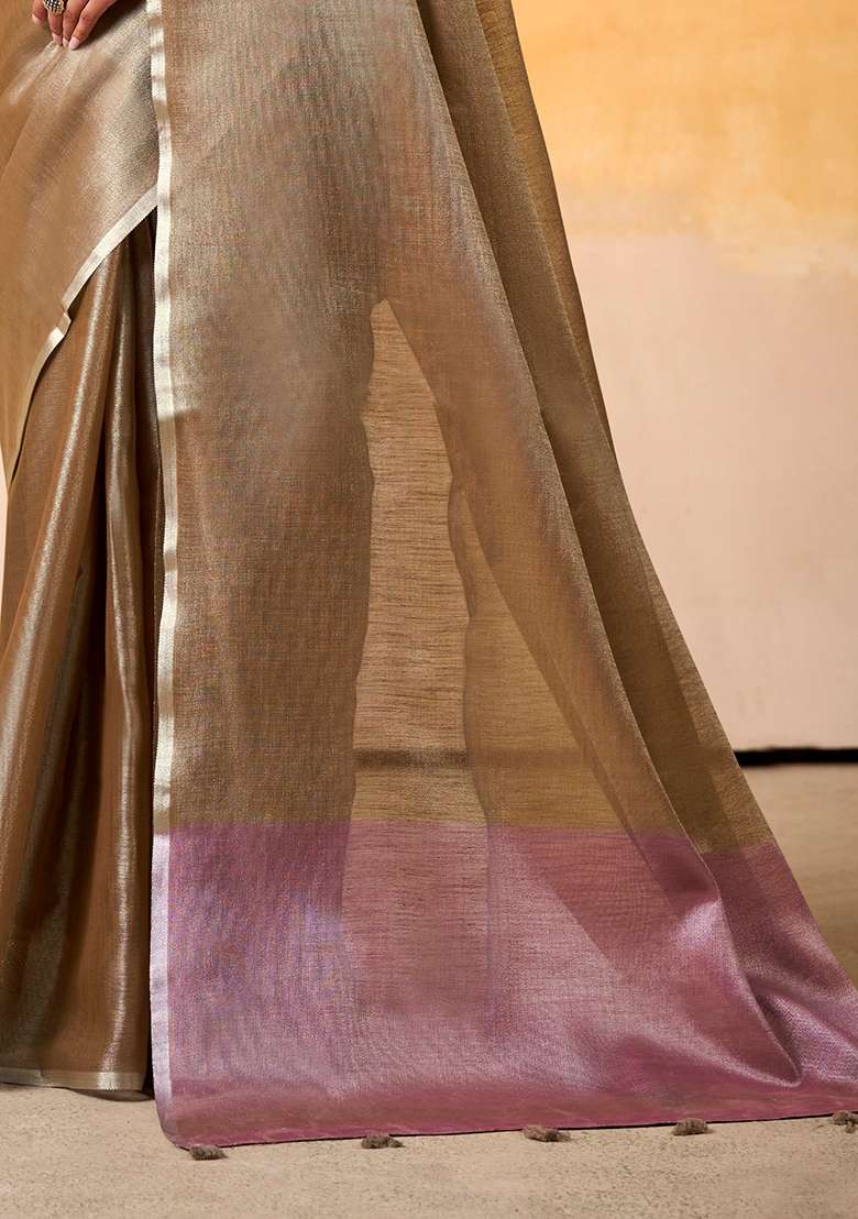 Brown Solid Silk Blend Saree Set - Indya
