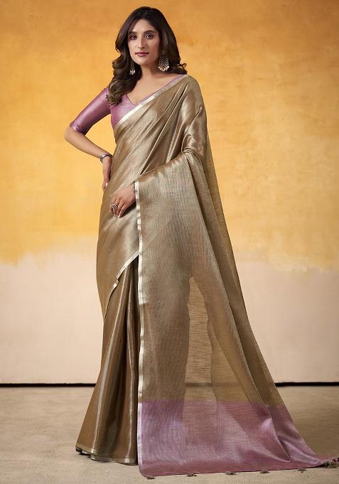 Brown Solid Silk Saree Set