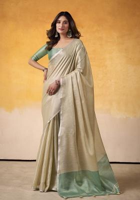 Beige Solid Silk Saree Set