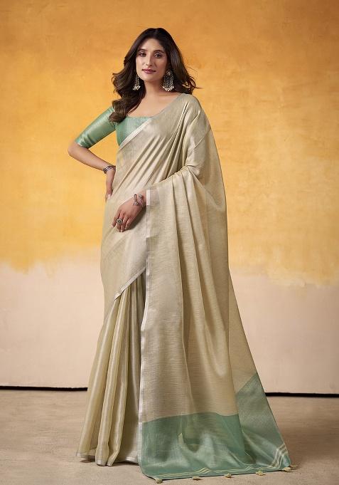 Beige Solid Silk Saree Set