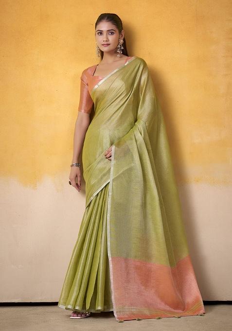 Parrot Green Solid Silk Saree Set