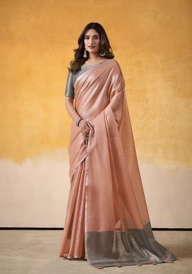 Peach Solid Silk Saree Set