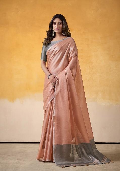 Peach Solid Silk Saree Set