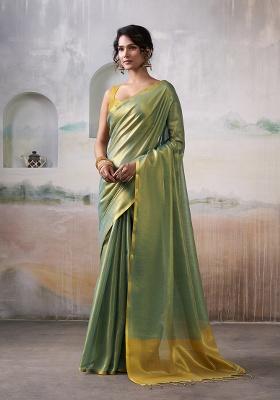 Green Solid Silk Blend Saree Set