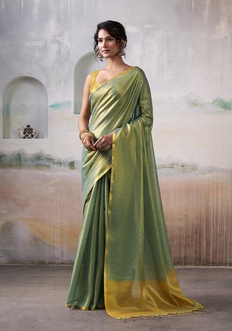 Green Solid Silk Saree Set
