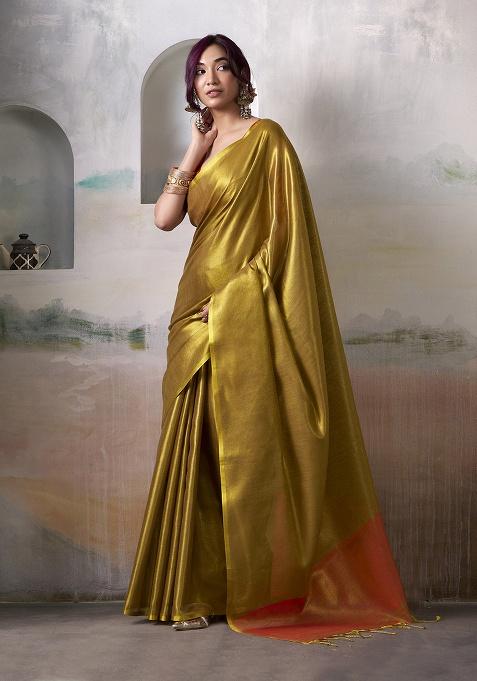 Gold Solid Silk Saree Set