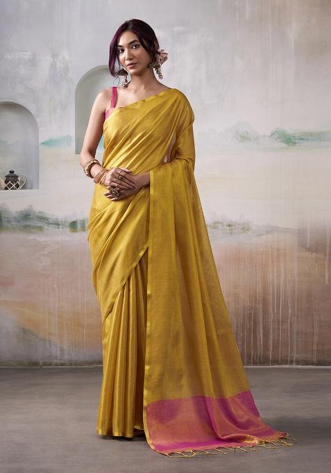 Yellow Solid Silk Saree Set