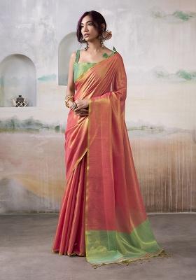 Peach Solid Silk Saree Set