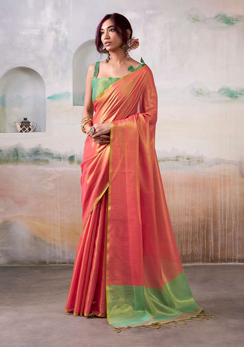 Peach Solid Silk Blend Saree Set - Indya