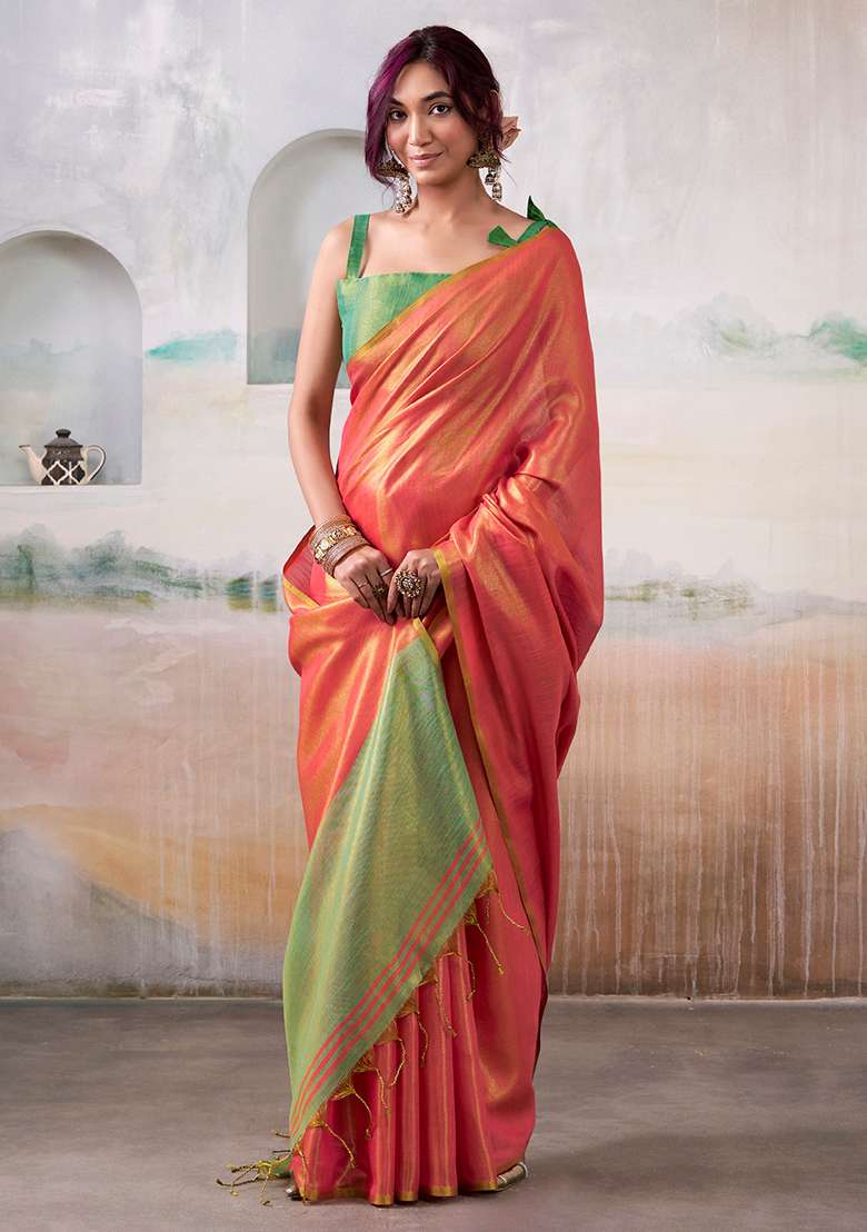 Peach Solid Silk Blend Saree Set - Indya