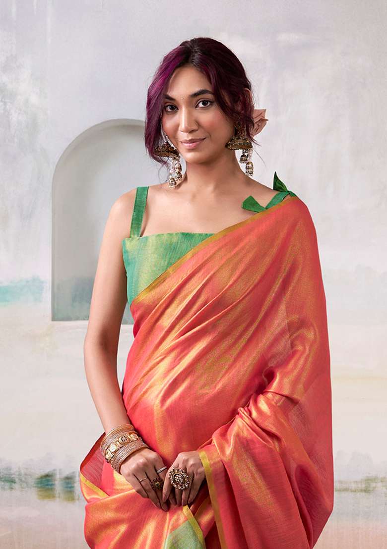 Peach Solid Silk Blend Saree Set - Indya
