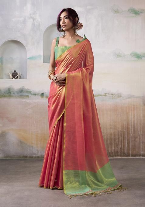 Peach Solid Silk Saree Set