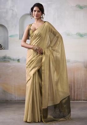 Beige Solid Silk Saree Set