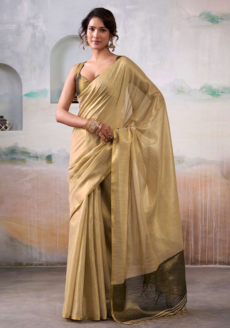 Beige Solid Silk Blend Saree Set - Indya