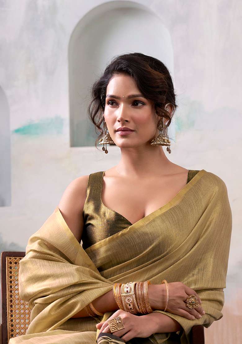 Beige Solid Silk Blend Saree Set - Indya