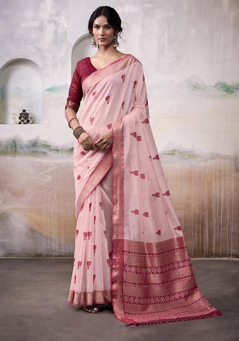 Pink Woven Cotton Saree Set