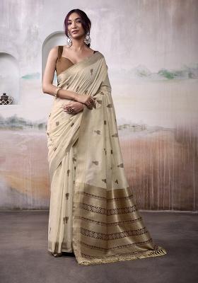 Beige Woven Cotton Saree Set