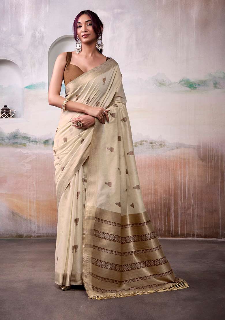 Beige Woven Cotton Saree Set - Indya
