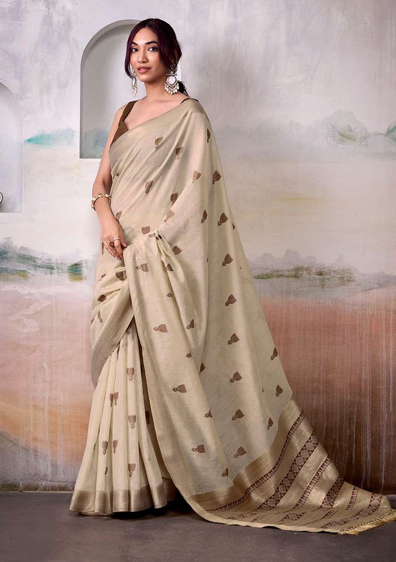 Beige Woven Cotton Saree Set - Indya