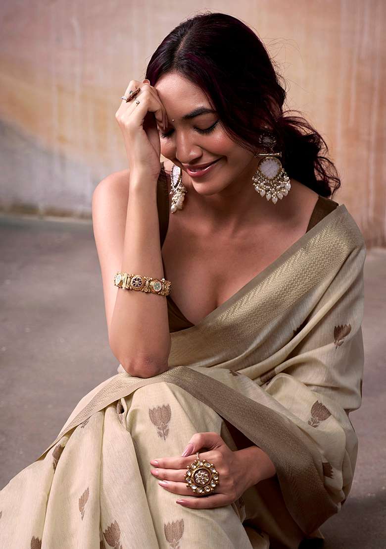 Beige Woven Cotton Saree Set - Indya