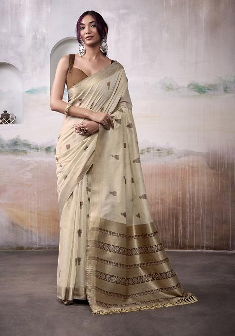 Beige Woven Cotton Saree Set