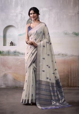 Off White Woven Cotton Saree Set