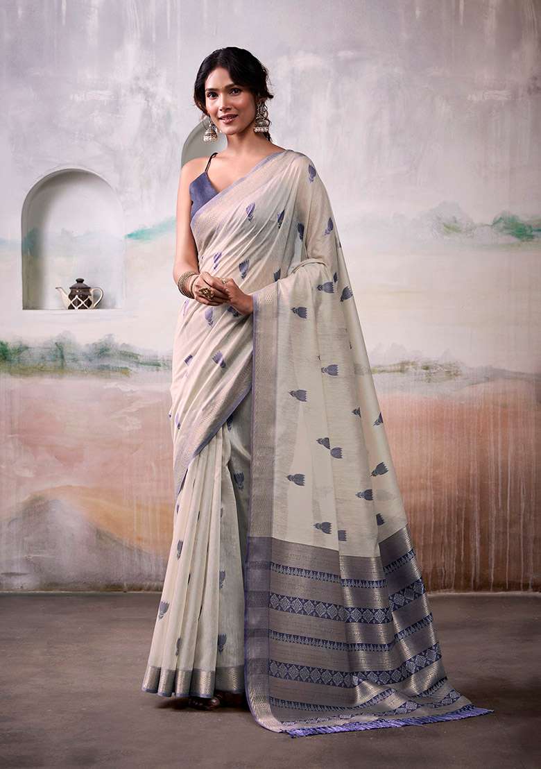 Off White Woven Cotton Saree Set - Indya