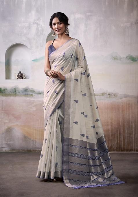 Off White Woven Cotton Saree Set