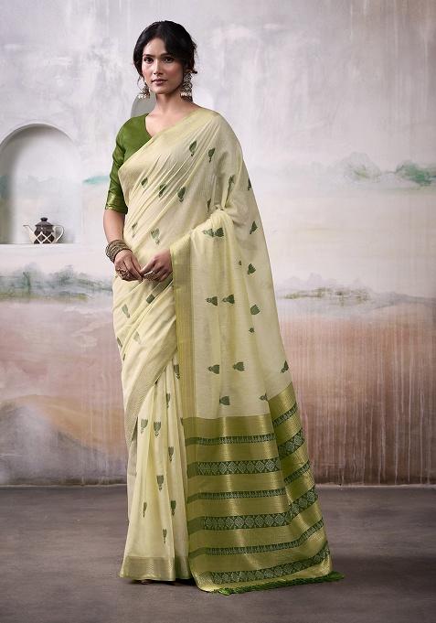 Pista Woven Cotton Saree Set