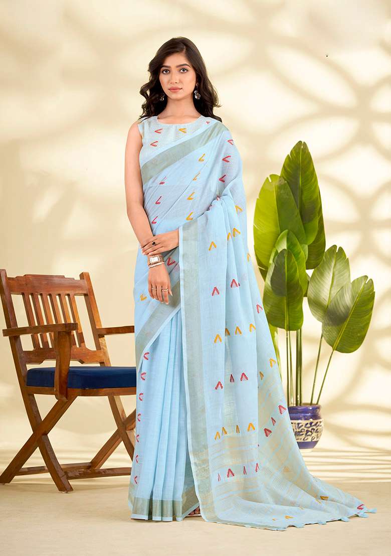 Blue Woven Silk Blend Saree Set - Indya