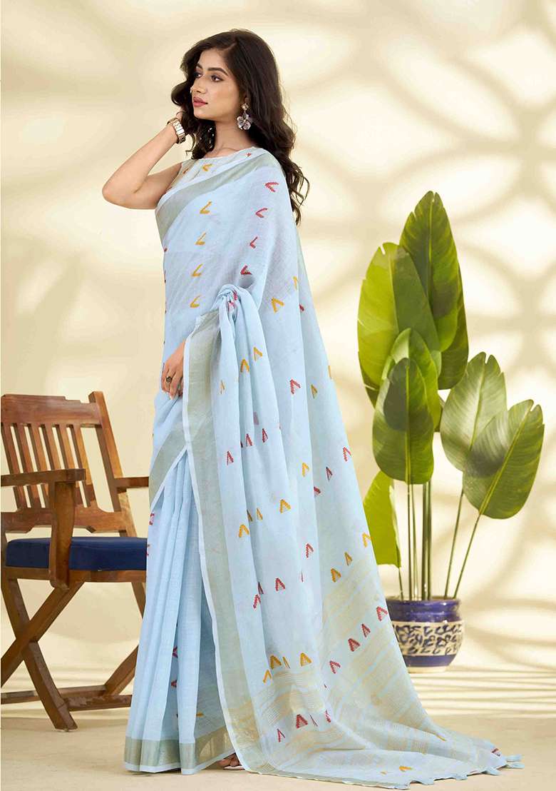 Blue Woven Silk Blend Saree Set - Indya