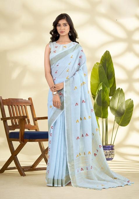 Blue Woven Silk Saree Set